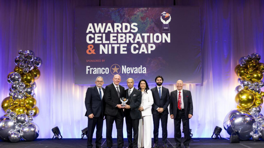 Blue Lagoon Resources team with the PDAC 2026 Sustainability Award on stage